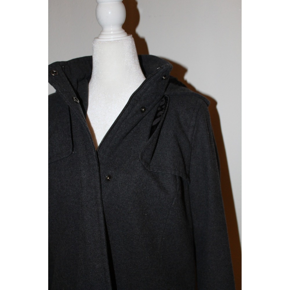 A New Day Charcoal Grey Hooded‎ Trench Coat Mid Length Zip Snap Front Jacket - Picture 2 of 8